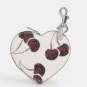 COACH Zipper Heart Leather Bag Charm with Cherry Print